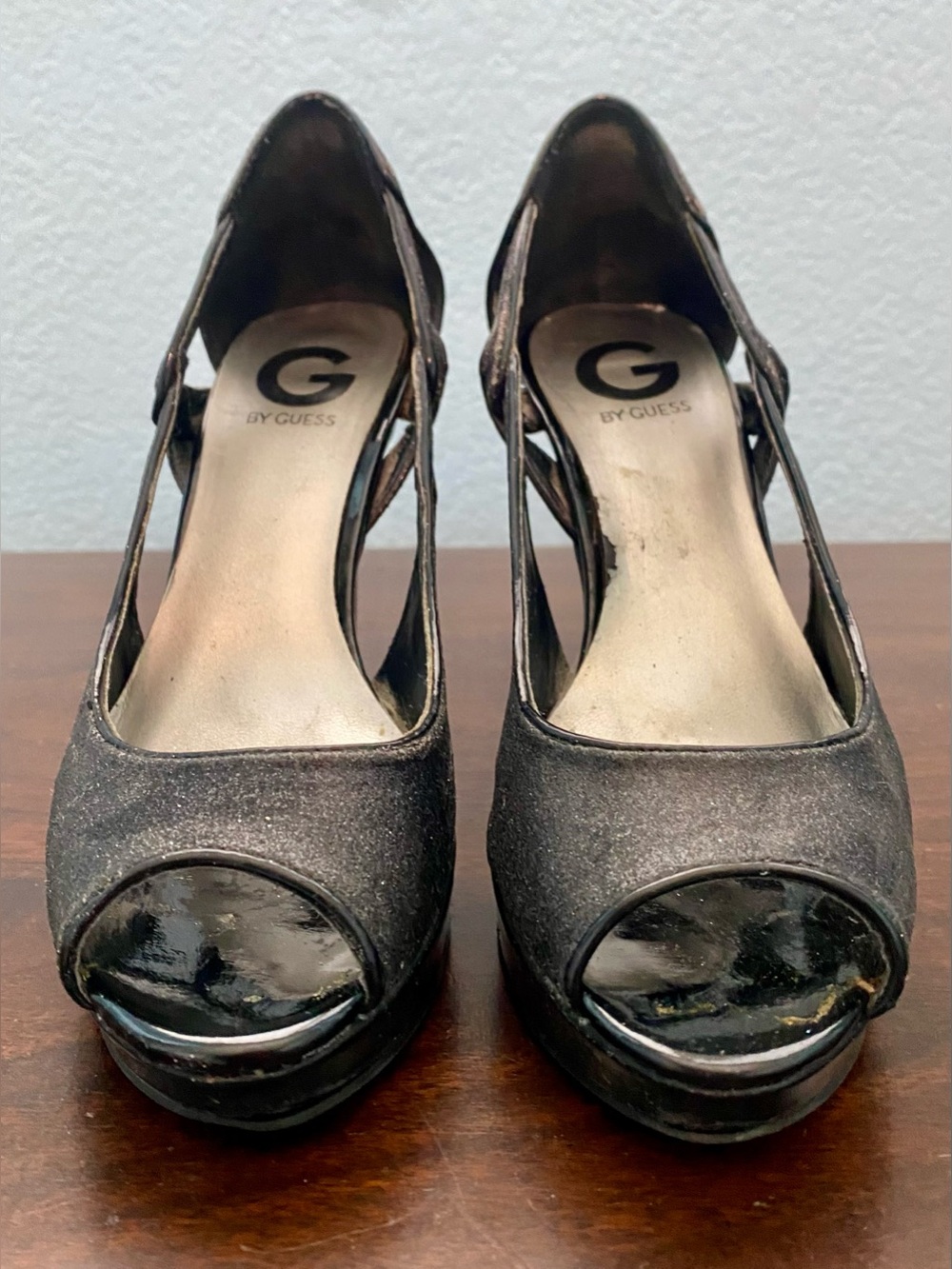 G by Guess Black Glitter Peep-Toe Platform Heels with Patent Accents
